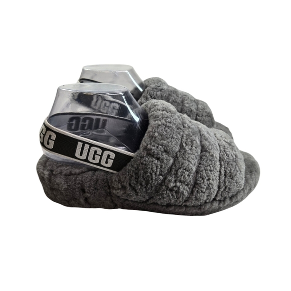 Ugg Fluff Yeah gray shearling ankle strap open toe slides - Picture 2 of 11